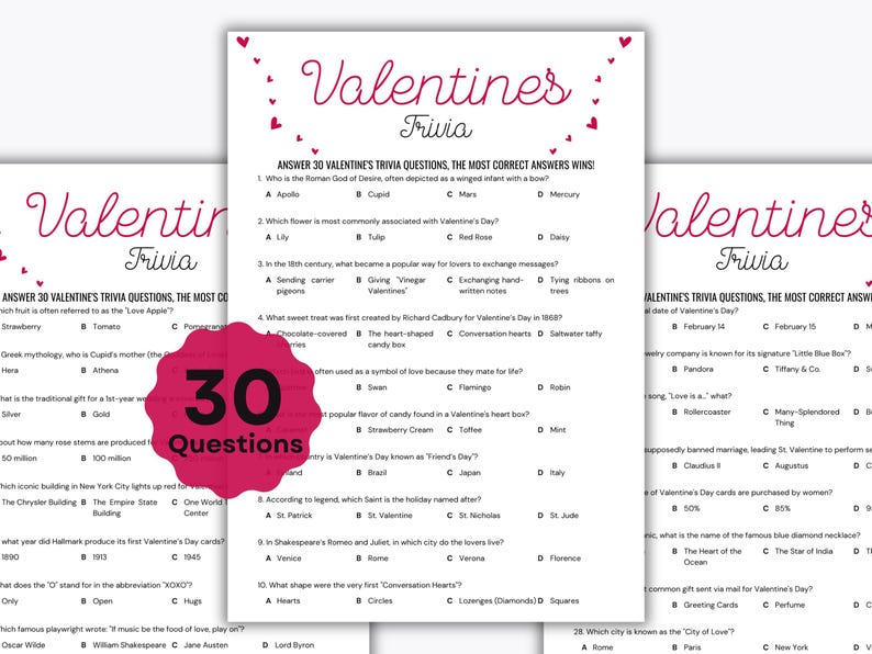 Valentine's Day Trivia Game - 30 Trivia Questions - Afternoon Party ...