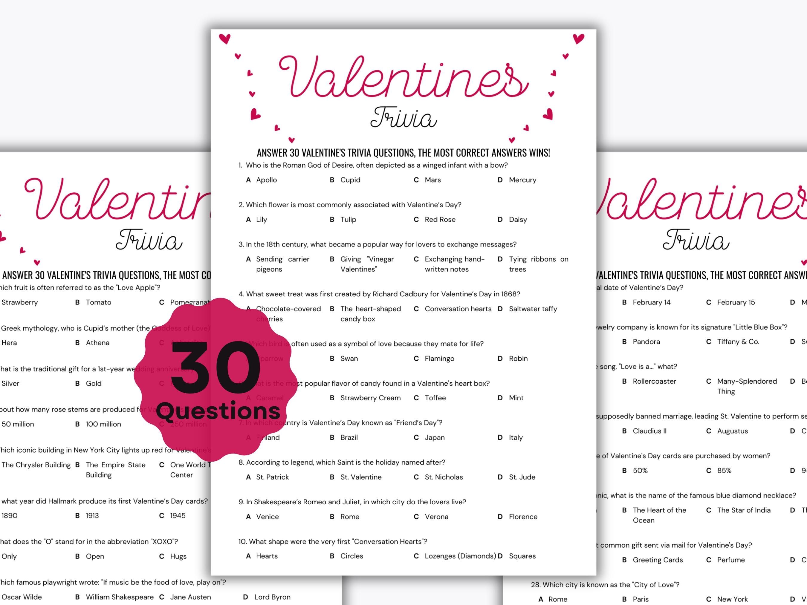 Valentine's Day Trivia Game - 30 Trivia Questions - Afternoon Party ...