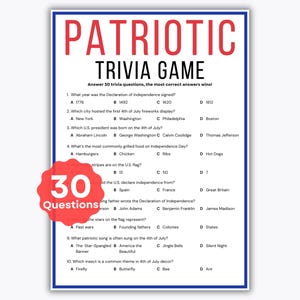 Patriotic Trivia Game - 30 Trivia Questions - Independence Day Party - Printable 4th of July Game - United States of America Knowledge