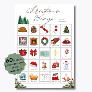 Jogo de Bingo de Natal - 60 folhas de bingo exclusivas pré-preenchidas - Pronto para jogar - Jogo de festa de Natal - Jogo de feriado - Bingo com itens divertidos de Natal