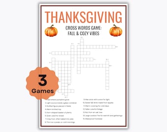 Thanksgiving Cross Words Game – 3 Printable Puzzles – Family Activity – Holiday Game for Kids - Thanksgiving Dishes - Tradition, Celebration