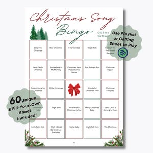 Juego de bingo con canciones navideñas: 60 hojas de bingo precargadas exclusivas, listas para jugar, juego de fiesta navideña, lista de reproducción de bingo de Spotify, juego de vacaciones