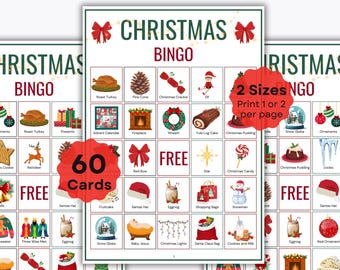 May include: Christmas Bingo game cards with festive illustrations, including a roast turkey, Christmas tree, and Santa's hat. The game includes 60 cards and is available in two sizes.