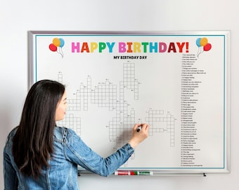 Crucigramas gigantes de cumpleaños XXL – 50 pistas para una fiesta de cumpleaños – 3 rompecabezas imprimibles – Divertido juego familiar – Actividad para el aula – Cumpleaños infantiles