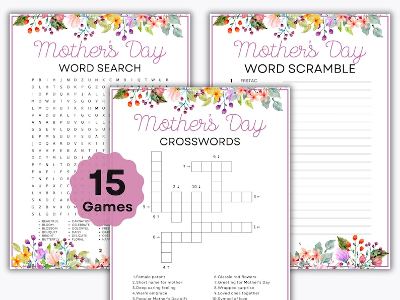 Mother's Day Word Games Bundle – 15 Printable Puzzles PDF Download ...