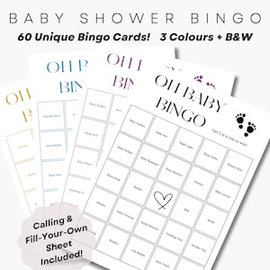 Juego de bingo para baby shower: 60 hojas de bingo precargadas únicas. Tarjetas de bingo en rosa, azul, dorado y blanco y negro. Bingo de regalo para bebé. Fiesta divertida.