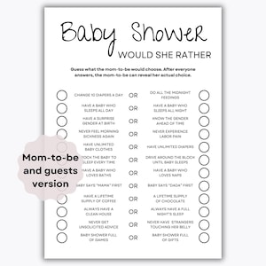 May include: A black and white baby shower game card titled "Baby Shower Would She Rather." The game includes a series of "Or" questions for the mom-to-be and guests to answer, with fill-in-the-blank circles for each choice.