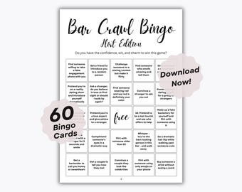 60 Bar Crawl Bingo Cards - Flirt Edition - 60 Unique Bingo Sheets - Icebreaker Group Game - Bar Hopping Activity - Bachelorette Party