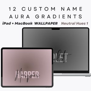 以下が含まれることがあります： iPadとラップトップの2つのデジタルデバイスは、それぞれ「Harper」と「Violet」という名前が書かれたカスタムオーラグラデーションの壁紙を表示しています。デバイスは白い背景の上にあります。