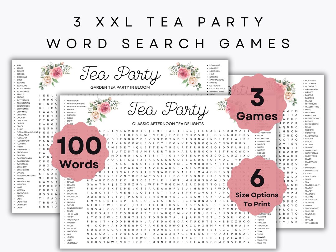 Tea Part Word Giant XXL Tea Party Word Search Game - 100 Words - 3 Printable Puzzles ...