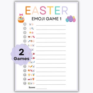 May include: A white Easter-themed game sheet with the text "EASTER EMOJI GAME 1". The sheet includes a colorful Easter basket, Easter eggs, and emoji clues for a game. A purple badge reads "2 Games".