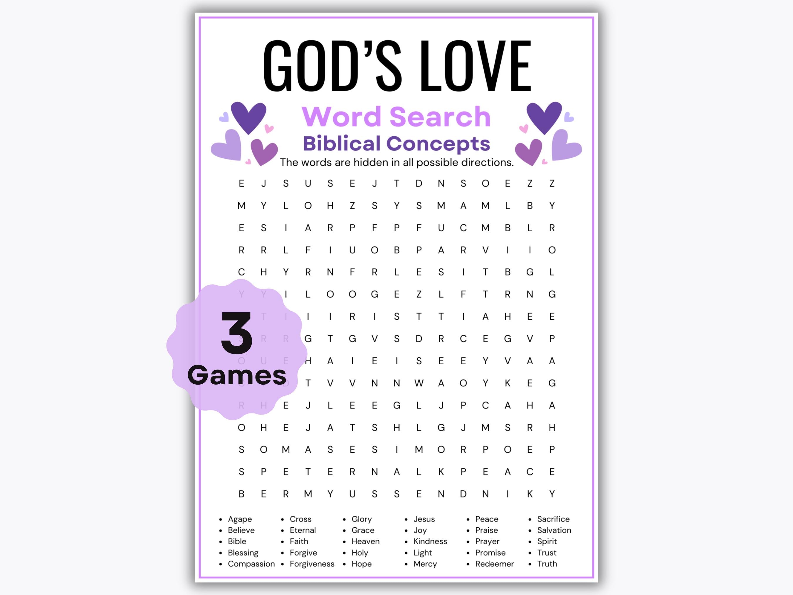 Gods Love Word Search Games - 3 Printable Games - Church Games - Bible Words - Christian Symbols - Women's Ministry - Sunday School Game