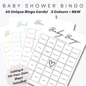 Juego de bingo para baby shower: 60 hojas de bingo precargadas únicas. Tarjetas de bingo en rosa, azul, dorado y blanco y negro. Bingo de regalo para bebé. Fiesta divertida.
