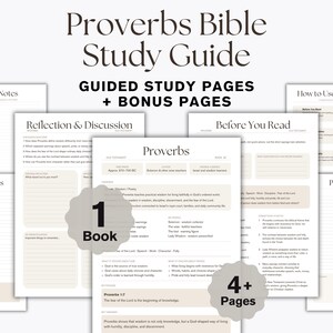 Könnte beinhalten: Ein Proverbs Bibelstudienführer mit mehreren gedruckten Seiten mit Überschriften wie Reflection & Discussion, Before You Read und Favorite Verses. Die Seiten enthalten strukturierten Text, Zeilen zum Schreiben sowie Etiketten mit 1 Book und 4+ Pages.
