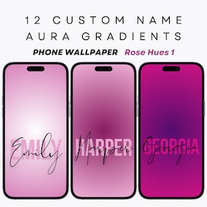 Puede incluir: Tres fondos de pantalla para teléfono con degradados rosas y morados. Los fondos de pantalla presentan los nombres "Emily", "Harper" y "Georgia" en una fuente estilizada.
