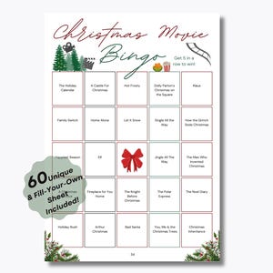 Jogo de Filme de Natal - 60 Folhas de Bingo Pré-preenchidas Exclusivas - Pronto para Jogar - Jogo de Festa de Natal - Jogo de Férias - Melhor Filme de Natal