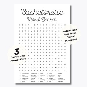 Op de afbeelding: Een zwart-witte, afdrukbare woordzoeker voor een vrijgezellenfeest met de woorden "Direct downloaden in hoge resolutie" in een witte doos. De puzzel heeft 3 spellen met antwoorden.