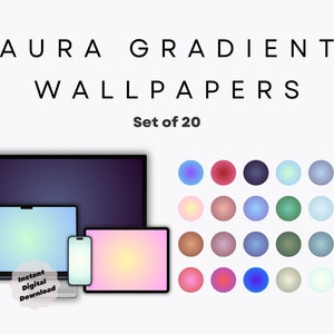 Puede incluir: Un conjunto de 20 fondos de pantalla digitales con degradado para pantallas de escritorio, portátil, tableta y teléfono. La imagen muestra un escritorio, una computadora portátil, una tableta y un teléfono con diferentes fondos degradados. Los degradados son de varios colores, incluidos el azul, el verde, el rosa y el morado. El texto "Set of 20" también es visible en la imagen.