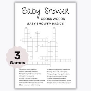Puede incluir: Un papel blanco con un crucigrama para baby shower. El texto dice "Baby Shower Cross Words Baby Shower Basics". La imagen incluye una cuadrícula de crucigrama y una lista de pistas. Un círculo festoneado rosa claro con el texto "3 Juegos" está en la esquina inferior izquierda.
