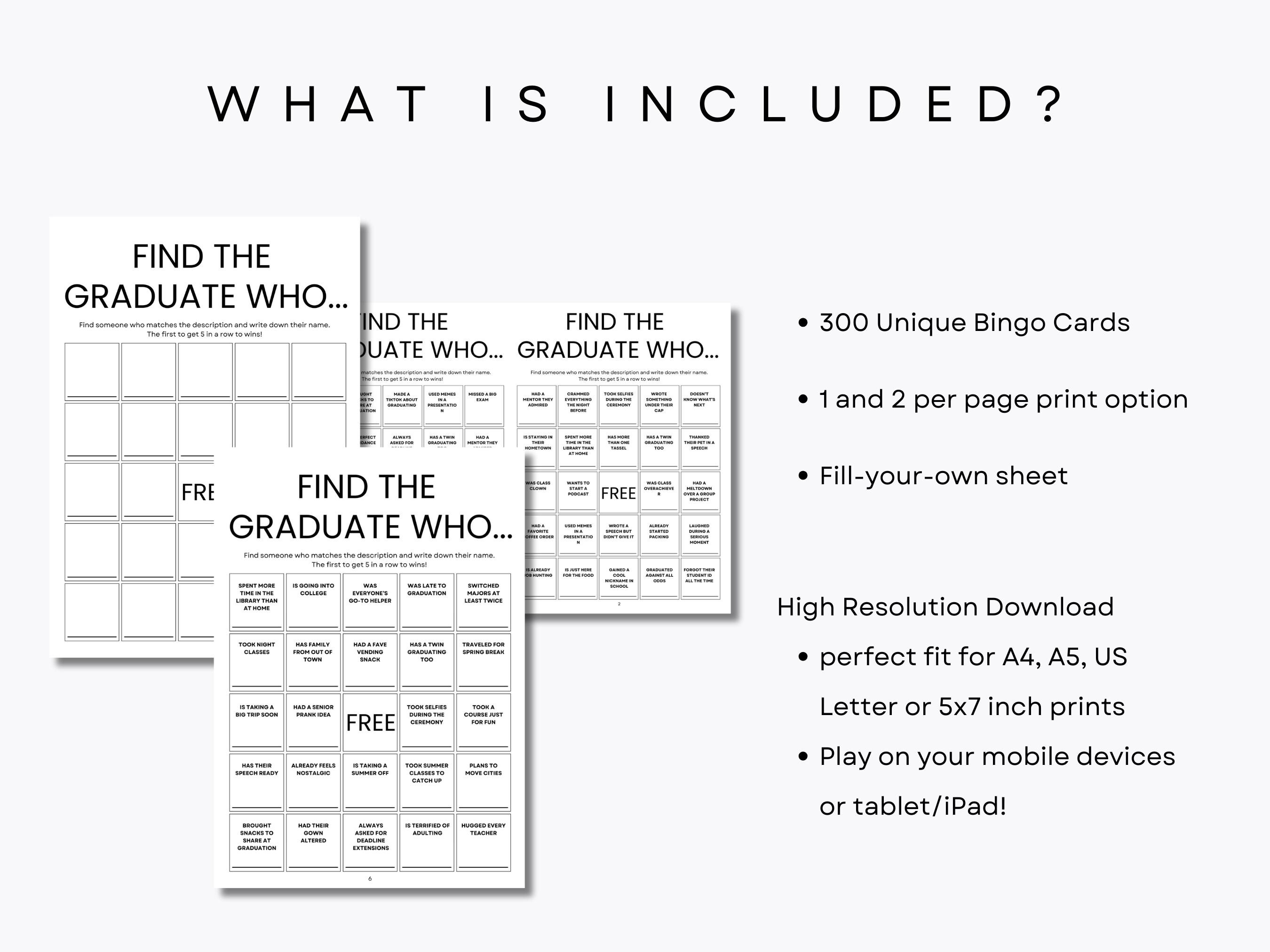Find the Graduate Who Ice Breaker Bingo - 300 Unique Bingo Sheets ...