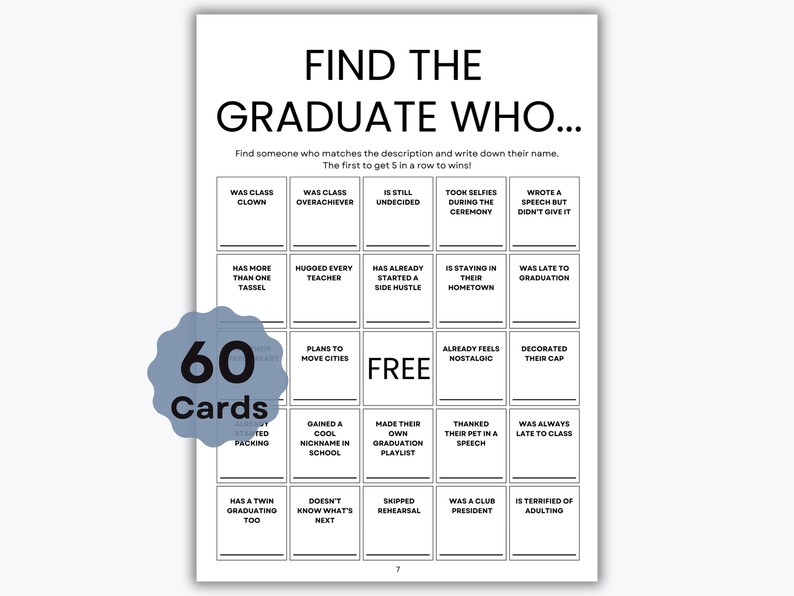 Find the Graduate Who Ice Breaker Bingo - 60 Unique Bingo Sheets - Find ...