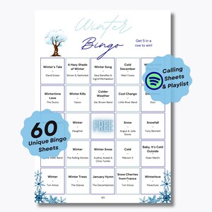 Gra Bingo Zimowa Piosenka - 60 Unikalnych Wstępnie Wypełnionych Arkuszy Bingo - Gotowe Do Gry - Gra Na Imprezę Bożonarodzeniową - Bingo Spotify Playlist - Gra Świąteczna