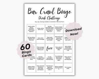 60 Bar Crawl Bingo Cards - Drink Challenge - 60 Unique Bingo Sheets - Icebreaker Group Game - Bar Hopping Activity - Bachelorette Party