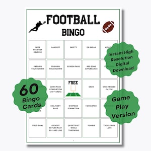 Football Bingo Game - 60 Unique Prefilled Bingo Sheets - Ready-To-Play - Game Day - Gameplay Bingo -Super Bowl Activity- Kids Football Bingo