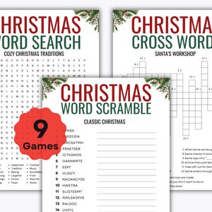 May include: A set of Christmas-themed word games, including word search, crossword, and word scramble puzzles. The games feature festive graphics and holiday-related words, perfect for family fun during the Christmas season.