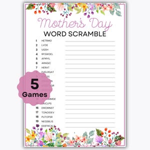 Mors dag-ordspel – 5 utskrivbara pussel – Utskrivbart spel – Familjeaktivitet för mors dag – Spel för barn - Skolblad