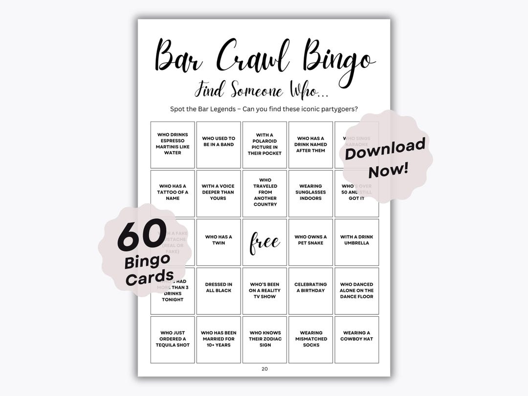 60 Bar Crawl Bingo Cards - Find Someone Who - 60 Unique Bingo Sheets ...