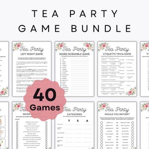 Op de afbeelding: Een theefeestspelbundel met diverse printbare spellen. De afbeelding toont spelvellen met bloemaccenten en titels als "Dice Game", "Word Scramble" en "Would You Rather?". De bundel bevat 40 spellen.
