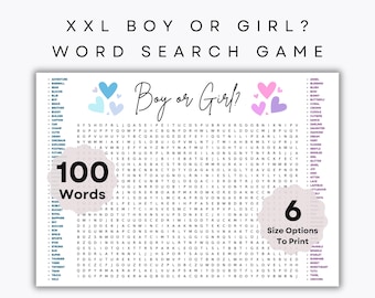Giant XXL Boy or Girl Word Search – Gender Reveal Party – 100 Baby-Themed Words – 3 Printable Puzzles – Fun Baby Shower Game – Large Print