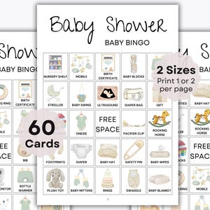 Baby Bingo - 60 Cards - Gender Neutral Baby Shower Game - Baby Shower Activity - Printable Game - Aesthetic Baby Bingo Game - Baby Sprinkle