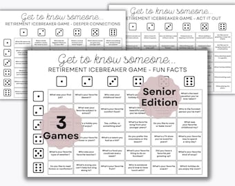 Retirement Ice Breaker Dice Game - 3 Different Versions - Get to know you - Deep Connections - Fun Facts - Act it out - Senior Party games