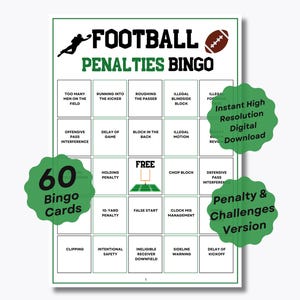 Football Bingo Game - 60 Unique Prefilled Bingo Sheets - Game Day - Penalties & Challenges Bingo - Super Bowl Activity - Kids Football Bingo