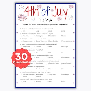 4th of July Trivia Game - 30 Trivia Questions - Independence Day Party - Printable Patriotic Game - United States of America Knowledge