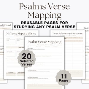 May include: A collection of white workbook pages titled Psalms Verse Mapping, Reusable Pages for Studying Any Psalm Verse, My Verse Map at a Glance, and Cross References & Connections, featuring 20 Selected Verses and 11 Pages in black text.
