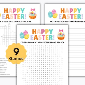 Puede incluir: Hojas de actividades con temática de Pascua con las palabras "Happy Easter!" en colores brillantes. Las hojas incluyen crucigramas, juegos de palabras y búsquedas de palabras, con una pegatina de "9 Games".