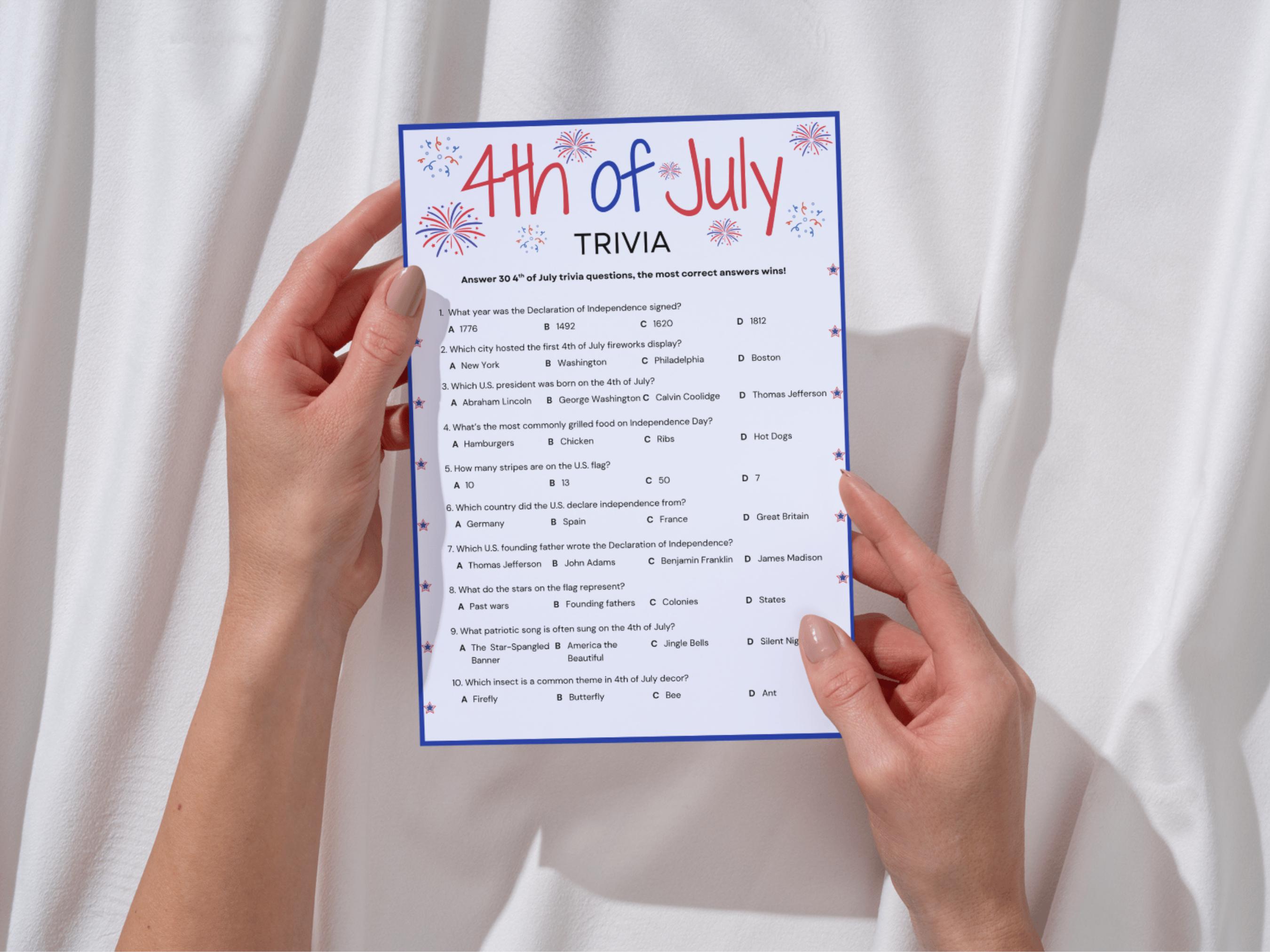 4th of July Trivia Game - 30 Trivia Questions - Independence Day Party ...