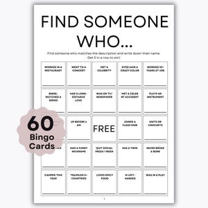 Afdrukbare bingo ijsbreker Vind iemand die spel speelt - gespreksstarter voor kantoor en diner - 60 unieke kaarten - gemakkelijk boeiend feest voor volwassenen