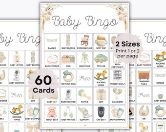 May include: Baby Bingo game cards with illustrations of baby-related items like a crib, rocking chair, and baby bottles. The cards are decorated with floral accents and the text "Baby Bingo" at the top. The cards are available in 2 sizes, with 60 cards.