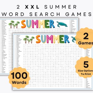 Giant XXL Summer Word Search Game - 100 Words - 2 Printable Puzzles - Summertime Family Activity - Summer Camp Group Game - Large Print