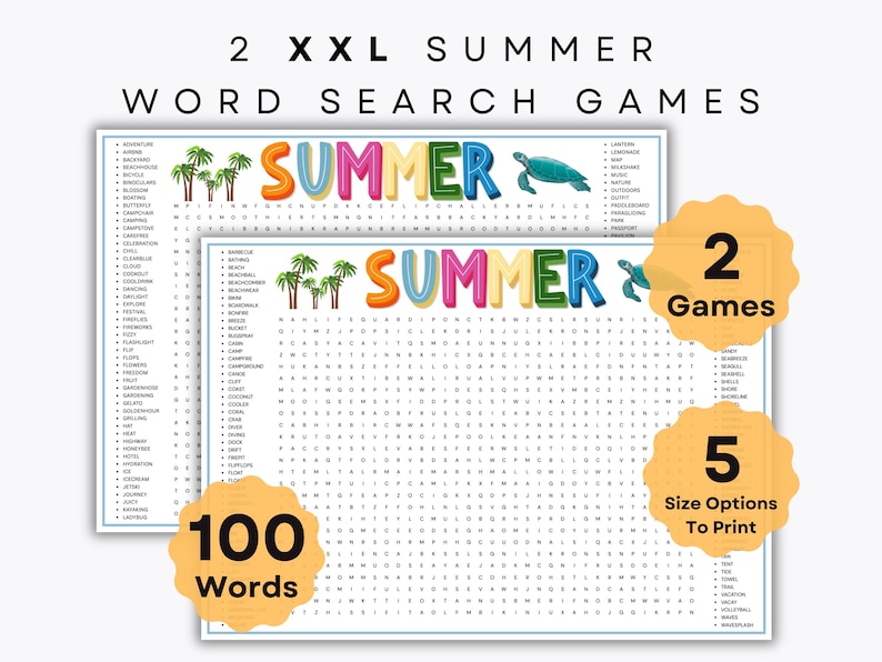 Giant XXL Summer Word Search Game - 100 Words - 2 Printable Puzzles ...