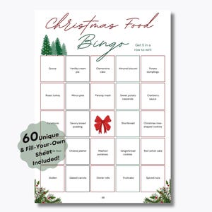 Jogo de Bingo de Comida de Natal - 60 Folhas de Bingo Pré-preenchidas Exclusivas - Pronto para Jogar - Jogo de Festa de Natal - Comida de Natal Mundial - Jogo de Férias