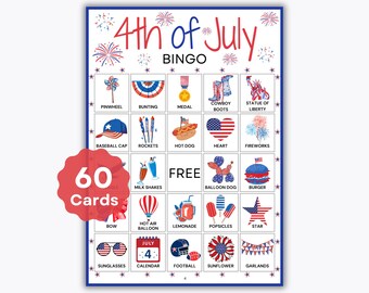 4th of July Bingo – 60 Cards – Printable Independence Day Activity – Fun Family Game – Celebration Party Game – Independance Day BBQ