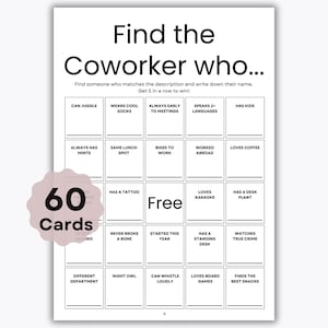 Bingo brise-glace au bureau - 60 cartes - Trouvez quelqu'un qui brise la glace - Questions brise-glace - Initiateurs de conversation - Fêtes de bureau - Trouvez un collègue de travail.
