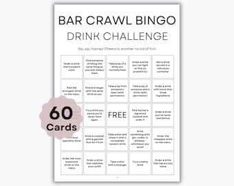 Drink Challenge Bar Crawl Bingo - 60 Cards - Icebreaker Group Game - Bar Hopping Activity - Bachelorette Party Game - Birthday Party