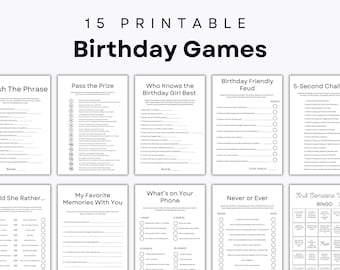 15 jogos de aniversário - jogos de festa para imprimir - aniversário de adulto - briga amigável - melhores desejos - cápsula do tempo - quem a conhece melhor - opções de impressão