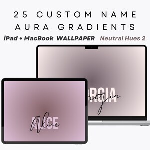 May include: Two digital devices, an iPad and a laptop, displaying custom name aura gradients. The iPad shows a pink and purple gradient with the name "Alice" written in cursive. The laptop shows a similar gradient with the name "Georgia" written in cursive.